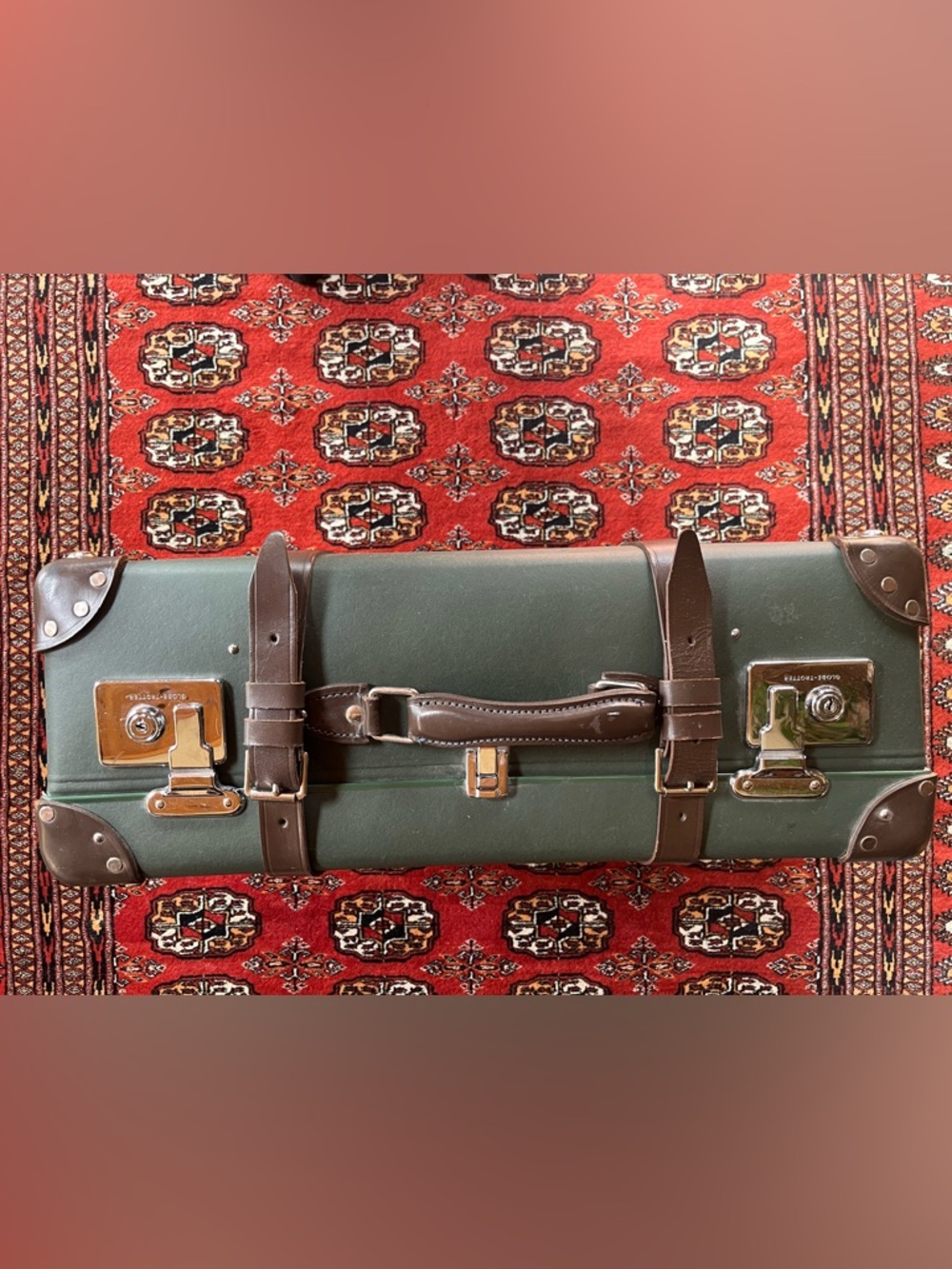 Globe Trotter Green Travel Case with Leather Brown Trim